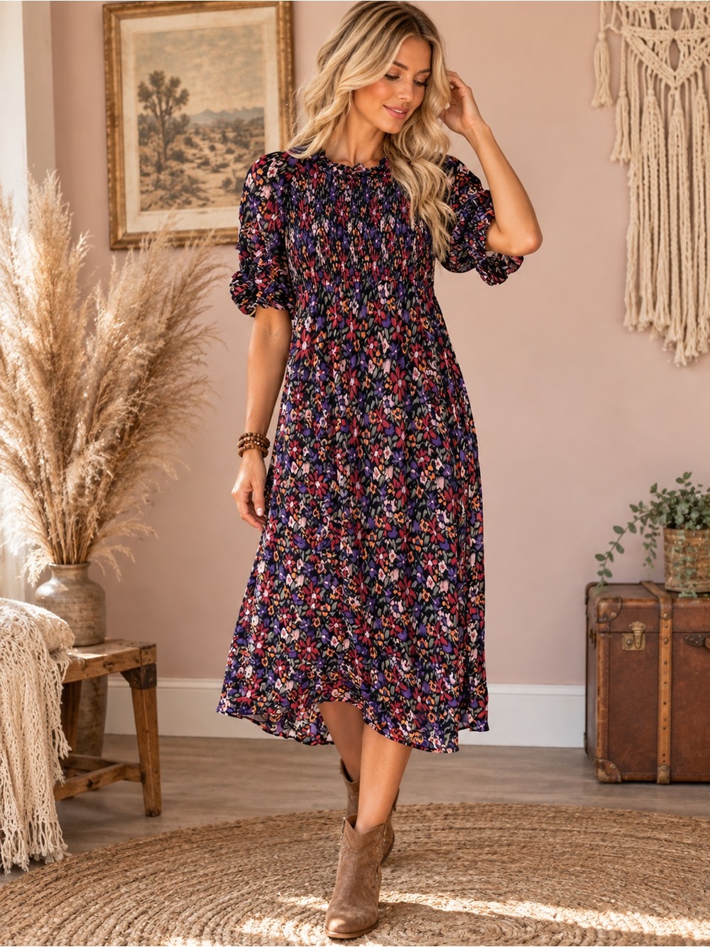beachlunchlounge Boho Chic Floral Smocked Midi Dress